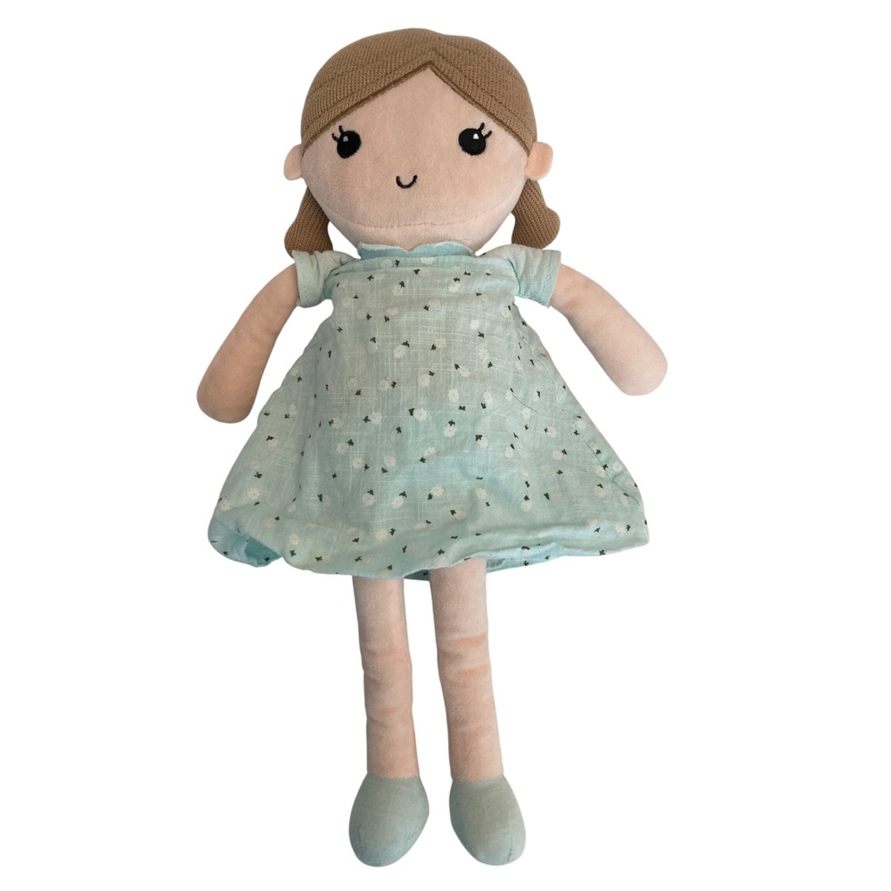 Linzy Plush Rag Doll Brown Pigtails Light Blue Floral Muslin Dress Soft Toy